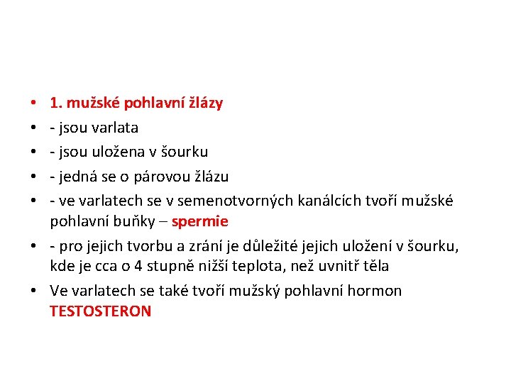 1. mužské pohlavní žlázy - jsou varlata - jsou uložena v šourku - jedná