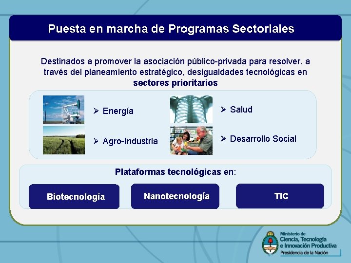 Puesta en marcha de Programas Sectoriales Destinados a promover la asociación público-privada para resolver,