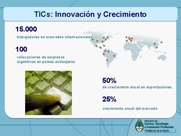 TICs: Innovación y Crecimiento 15. 000 trabajadores en mercados internacionales 100 colocaciones de empresas