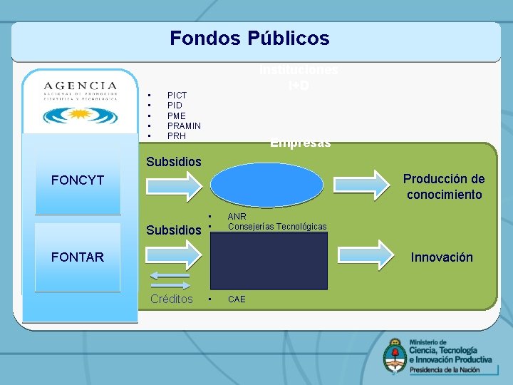 Fondos Públicos • • • Instituciones I+D PICT PID PME PRAMIN PRH Empresas Subsidios