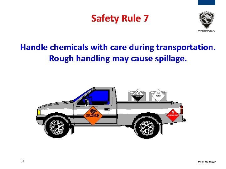 Safety Rule 7 Handle chemicals with care during transportation. Rough handling may cause spillage. Safety Rule 7 Handle chemicals with care during transportation. Rough handling may cause spillage.