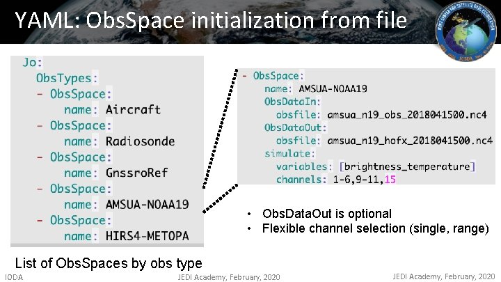 YAML: Obs. Space initialization from file • Obs. Data. Out is optional • Flexible