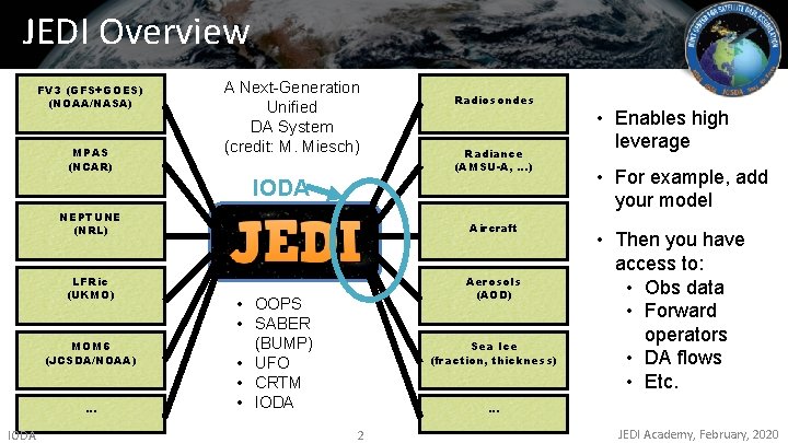 JEDI Overview FV 3 (GFS+GOES) (NOAA/NASA) MPAS (NCAR) A Next-Generation Unified DA System (credit: