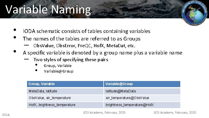 Variable Naming IODA • • IODA schematic consists of tables containing variables The names