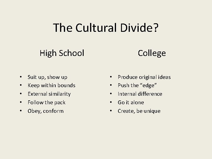 The Cultural Divide? High School • • • Suit up, show up Keep within