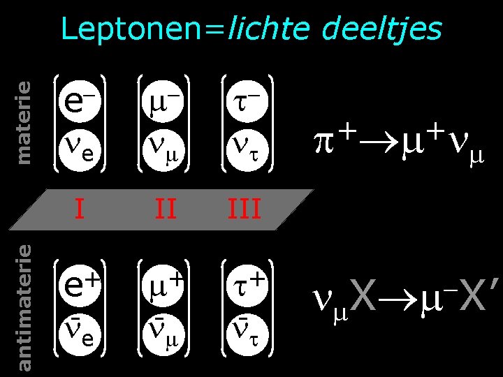 antimaterie Leptonen=lichte deeltjes e e I II III e+ e + + X X’