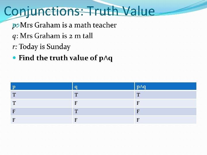 Conjunctions: Truth Value p q T T F F F T F F 