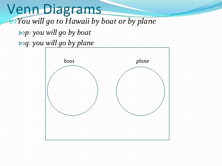 Venn Diagrams You will go to Hawaii by boat or by plane p: you