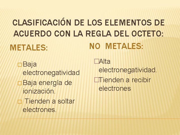 CLASIFICACIÓN DE LOS ELEMENTOS DE ACUERDO CON LA REGLA DEL OCTETO: NO METALES: �