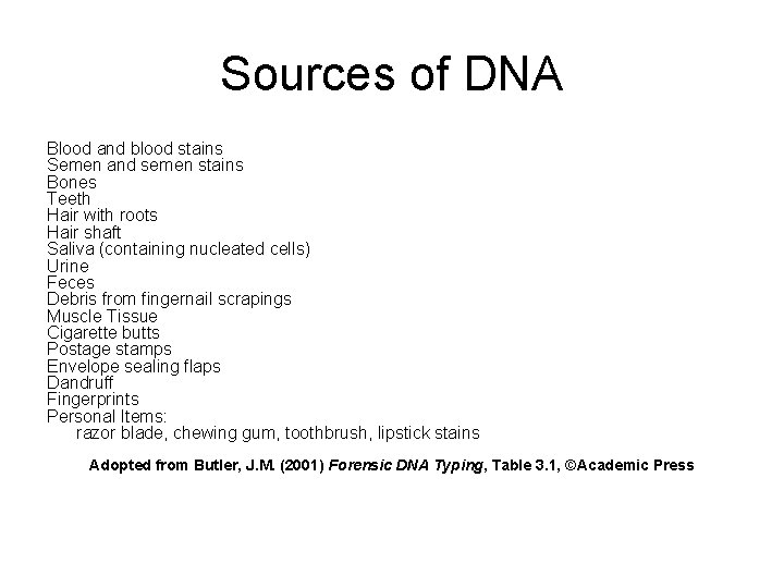 Sources of DNA Blood and blood stains Semen and semen stains Bones Teeth Hair