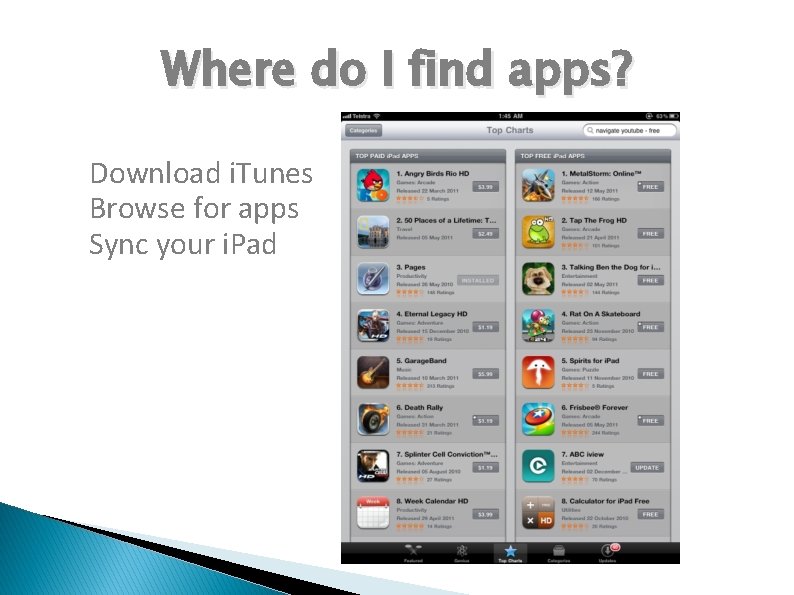Where do I find apps? Download i. Tunes Browse for apps Sync your i.