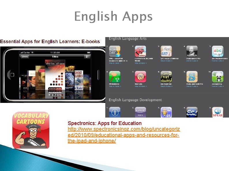 English Apps Spectronics: Apps for Education http: //www. spectronicsinoz. com/blog/uncategoriz ed/2010/09/educational-apps-and-resources-forthe-ipad-and-iphone/ 