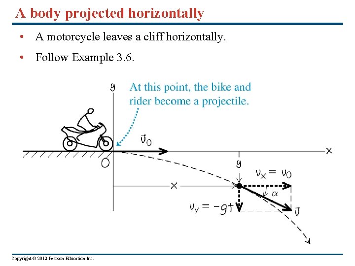 A body projected horizontally • A motorcycle leaves a cliff horizontally. • Follow Example