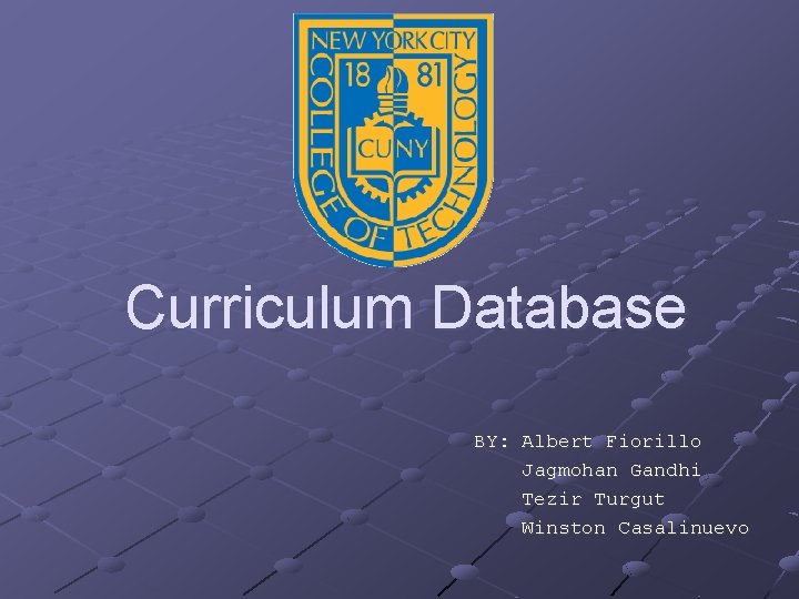 Curriculum Database BY: Albert Fiorillo Jagmohan Gandhi Tezir Turgut Winston Casalinuevo 