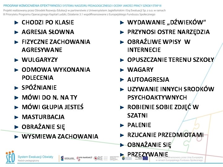 CHODZI PO KLASIE AGRESJA SŁOWNA FIZYCZNE ZACHOWANIA AGRESYWANE WULGARYZY ODMOWA WYKONANIA POLECENIA SPÓŹNIANIE MÓWI