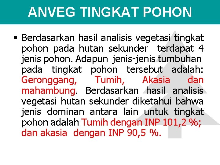 ANVEG TINGKAT POHON § Berdasarkan hasil analisis vegetasi tingkat pohon pada hutan sekunder terdapat