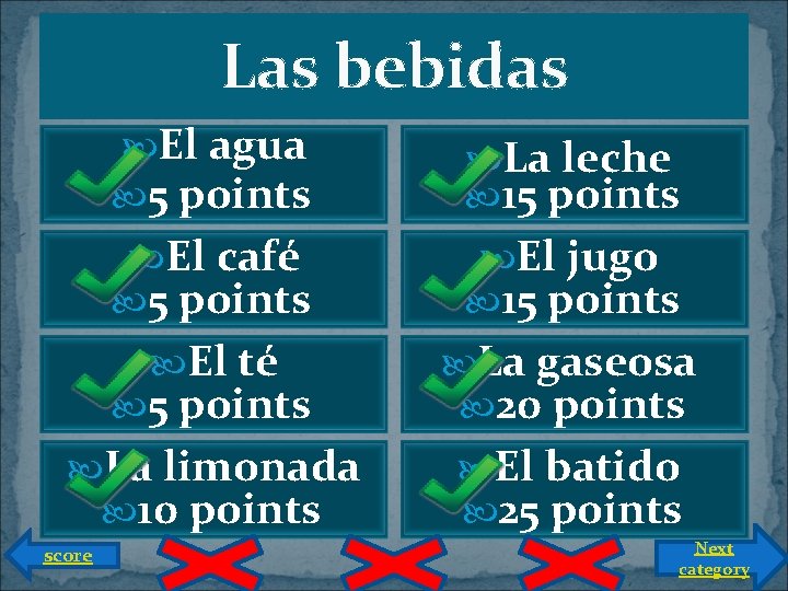 Las bebidas El agua 5 points La leche 15 points El café 5 points