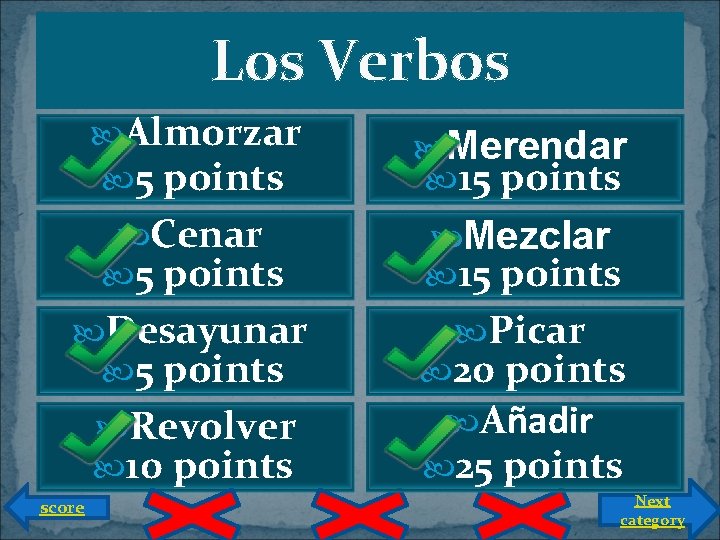 Los Verbos Almorzar 5 points Merendar 15 points Cenar 5 points Mezclar 15 points