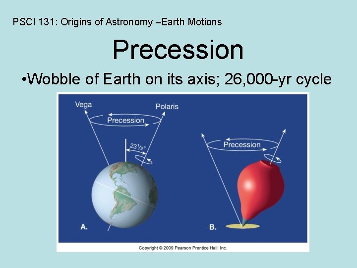 PSCI 131: Origins of Astronomy –Earth Motions Precession • Wobble of Earth on its