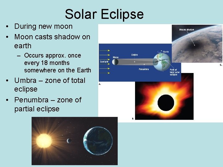 Solar Eclipse • During new moon • Moon casts shadow on earth – Occurs