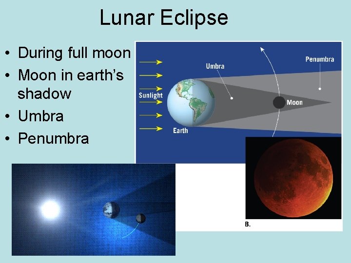Lunar Eclipse • During full moon • Moon in earth’s shadow • Umbra •
