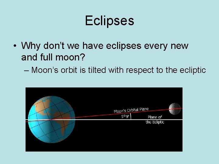Eclipses • Why don’t we have eclipses every new and full moon? – Moon’s