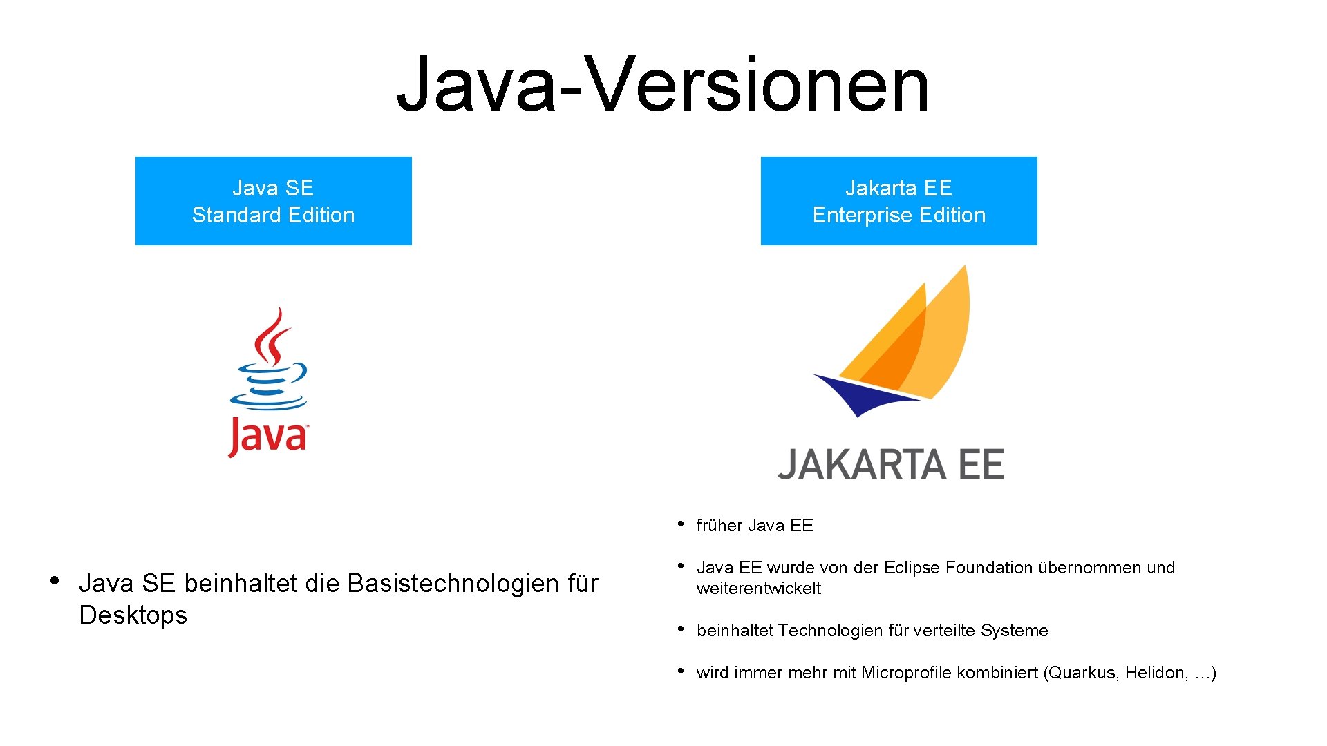 Java-Versionen Java SE Standard Edition • Java SE beinhaltet die Basistechnologien für Desktops Jakarta