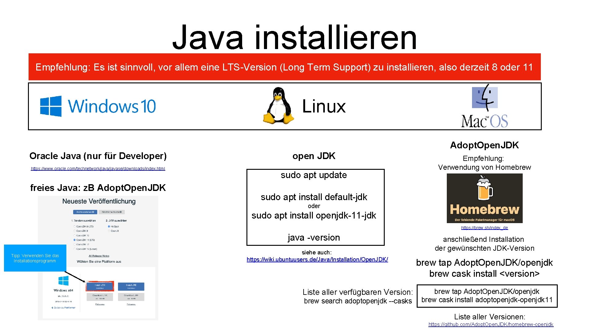 Java installieren Empfehlung: Es ist sinnvoll, vor allem eine LTS-Version (Long Term Support) zu
