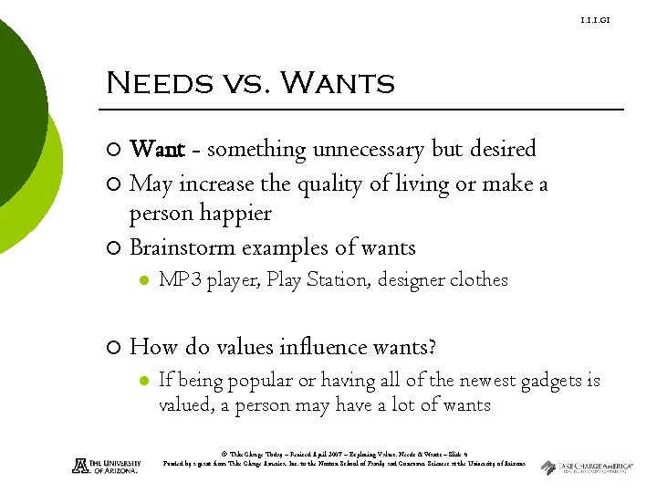 1. 1. 1. G 1 Needs vs. Wants Want - something unnecessary but desired 1. 1. 1. G 1 Needs vs. Wants Want - something unnecessary but desired