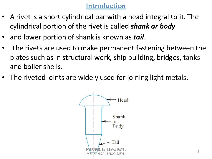  • • Introduction A rivet is a short cylindrical bar with a head