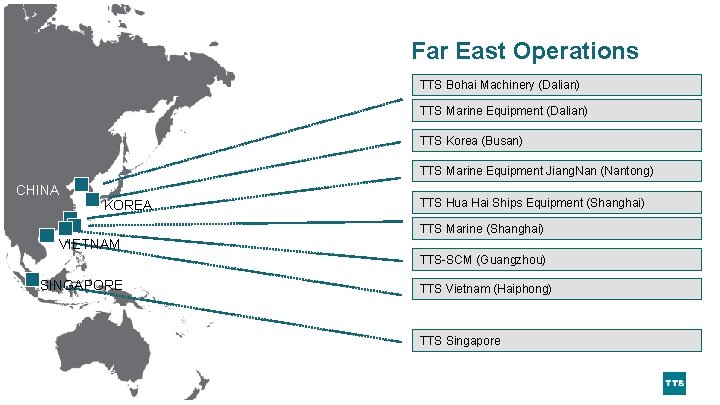 Far East Operations TTS Bohai Machinery (Dalian) TTS Marine Equipment (Dalian) TTS Korea (Busan)