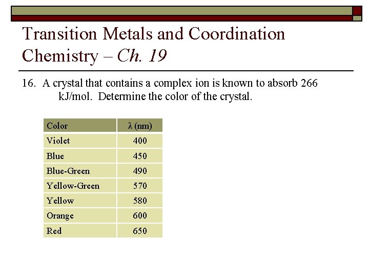 Transition Metals and Coordination Chemistry – Ch. 19 16. A crystal that contains a