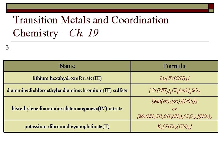 Transition Metals and Coordination Chemistry – Ch. 19 3. Name Formula lithium hexahydroxoferrate(III) Li
