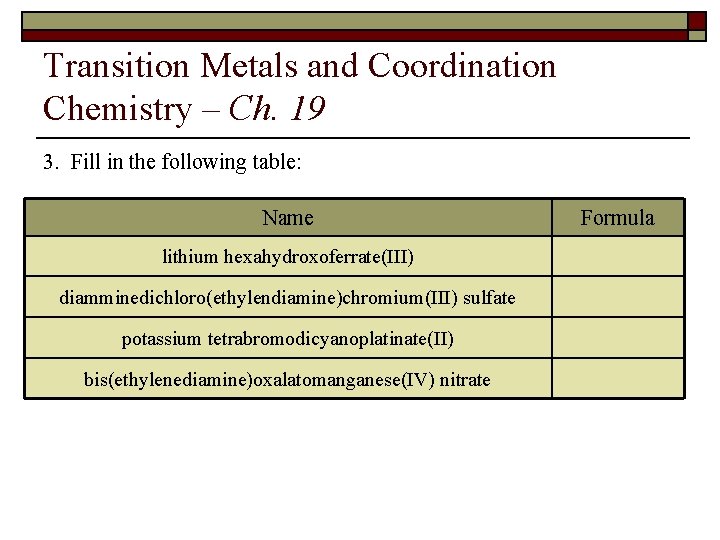 Transition Metals and Coordination Chemistry – Ch. 19 3. Fill in the following table: