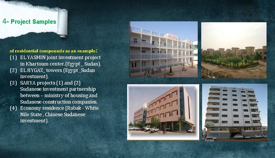 4 - Project Samples of residential compounds as an example: (1) EL YASMIN joint