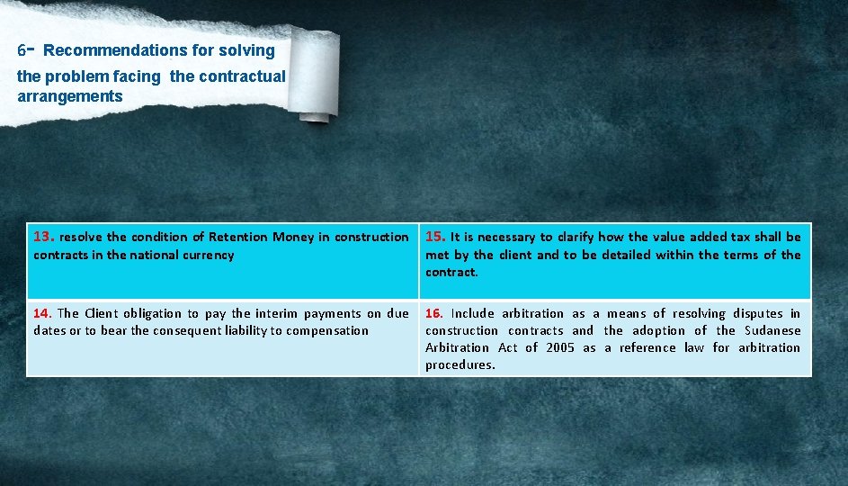 - 6 Recommendations for solving the problem facing the contractual arrangements 13. resolve the