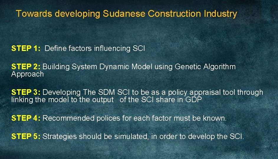Towards developing Sudanese Construction Industry STEP 1: Define factors influencing SCI STEP 2: Building