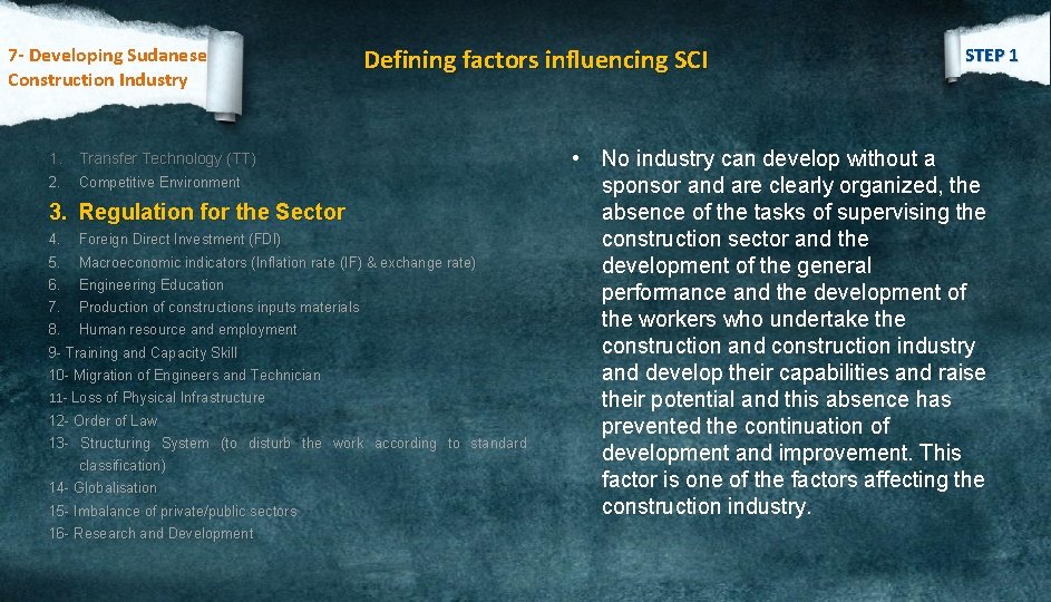 7 - Developing Sudanese Construction Industry Defining factors influencing SCI 1. Transfer Technology (TT)