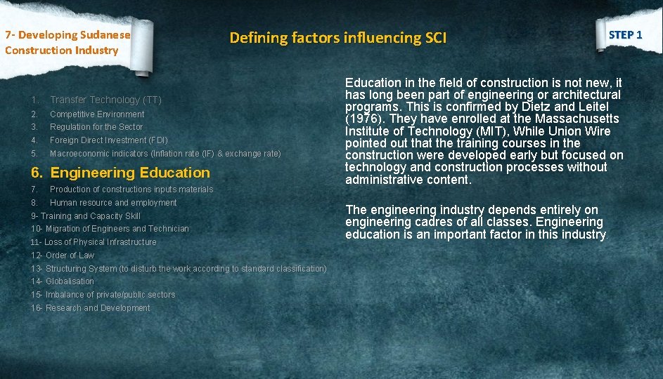 7 - Developing Sudanese Construction Industry Defining factors influencing SCI 1. Transfer Technology (TT)