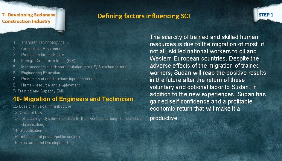 7 - Developing Sudanese Construction Industry Defining factors influencing SCI 1. Transfer Technology (TT)