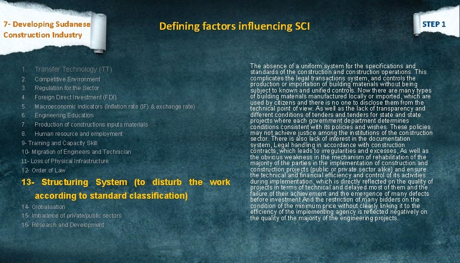 7 - Developing Sudanese Construction Industry Defining factors influencing SCI 1. Transfer Technology (TT)