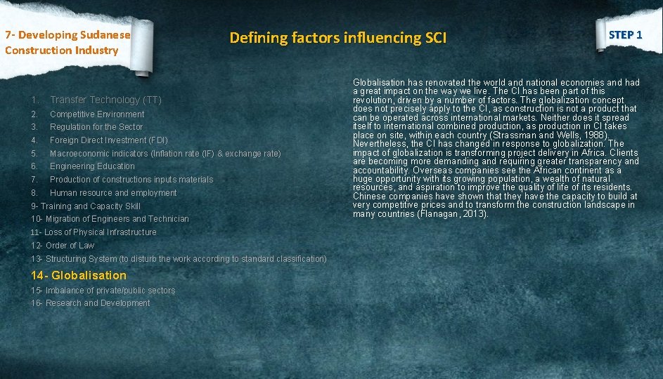 7 - Developing Sudanese Construction Industry Defining factors influencing SCI 1. Transfer Technology (TT)