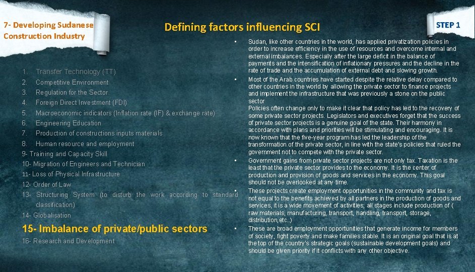 7 - Developing Sudanese Construction Industry Defining factors influencing SCI 1. Transfer Technology (TT)