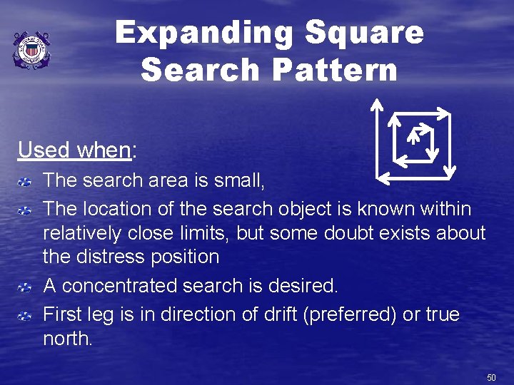 Expanding Square Search Pattern Used when: The search area is small, The location of