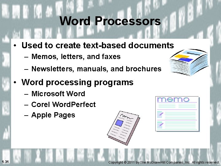 Word Processors • Used to create text-based documents – Memos, letters, and faxes –