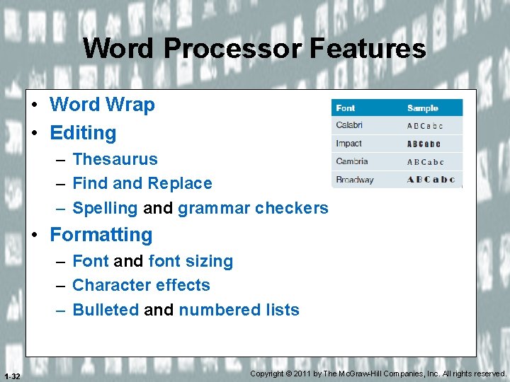 Word Processor Features • Word Wrap • Editing – Thesaurus – Find and Replace