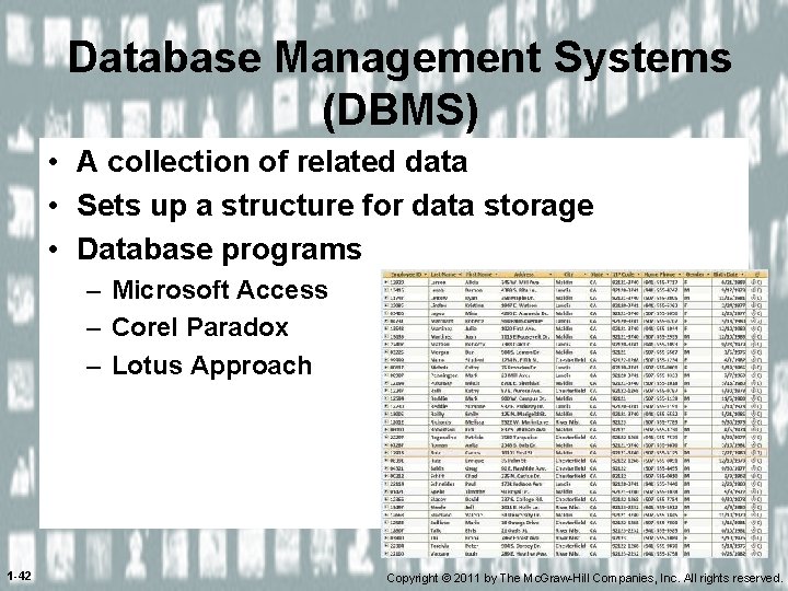 Database Management Systems (DBMS) • A collection of related data • Sets up a