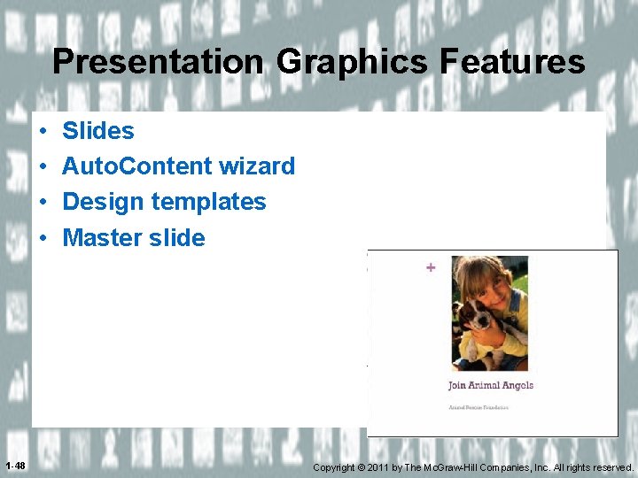Presentation Graphics Features • • 1 -48 Slides Auto. Content wizard Design templates Master