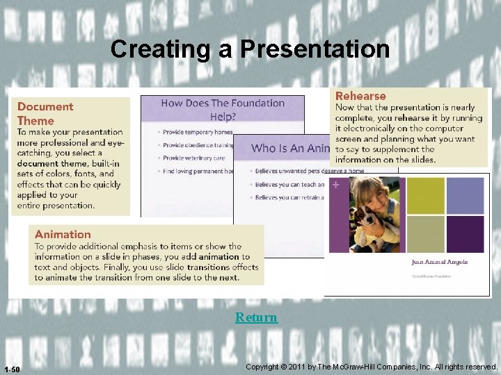 Creating a Presentation Return 1 -50 Copyright © 2011 by The Mc. Graw-Hill Companies,