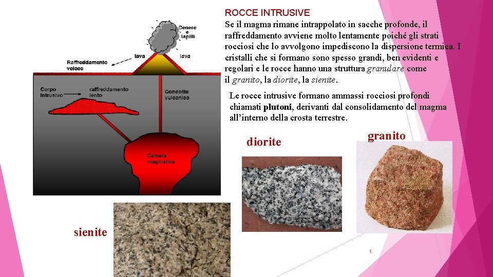 ROCCE INTRUSIVE Se il magma rimane intrappolato in sacche profonde, il raffreddamento avviene molto